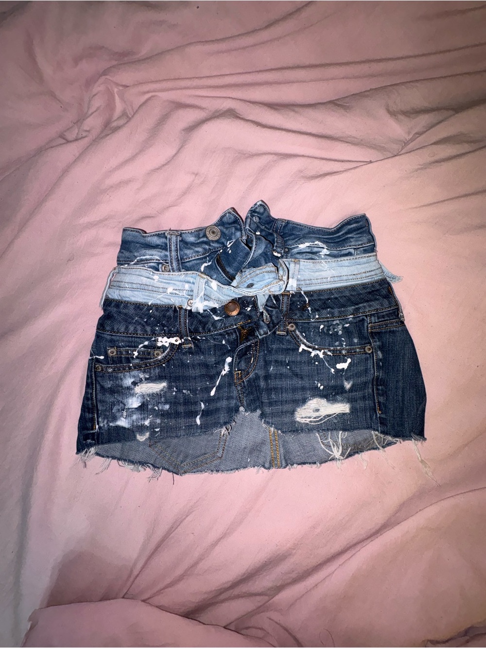 Distressed Dark Blue Denim Mini Skirt with Paint Splatter